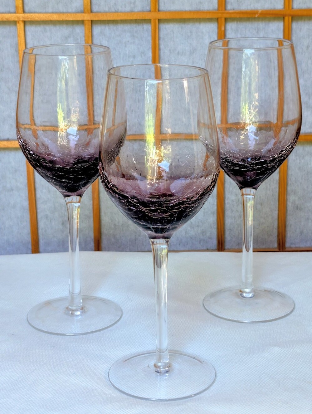 Pier 1 Imports Purple Crackle Wine Glass Amethyst Hand Blown Clear Stem 8 7/8”